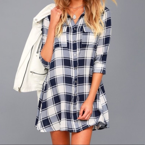 Lulus Dresses & Skirts - Lulu’s Weekend Game Navy Plaid Shirt Dress S